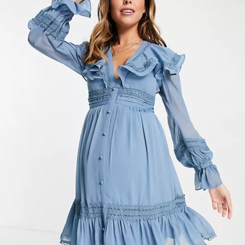 ASOS DESIGN Maternity lace insert mini dress with ruffle detail and button